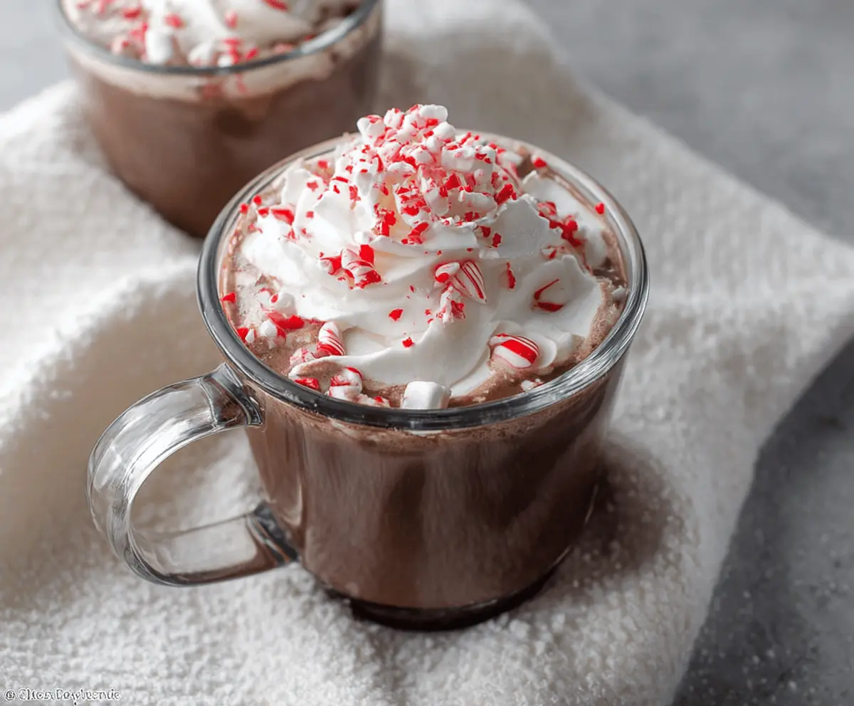 Creamy Crockpot Peppermint Hot Chocolate topped with whipped cream and crushed peppermint candies.