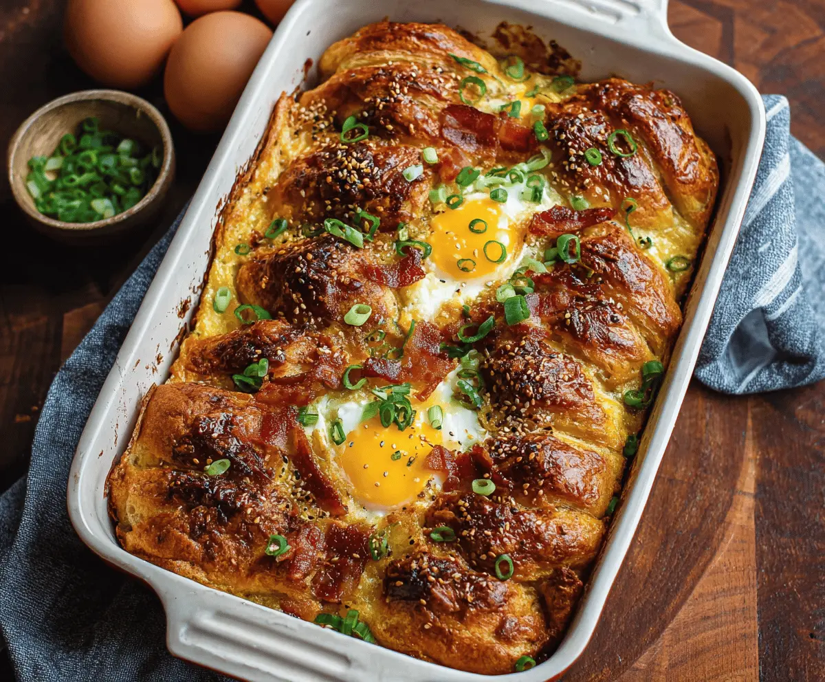 Delicious croissant breakfast casserole with cheese and fresh herbs in a baking dish.