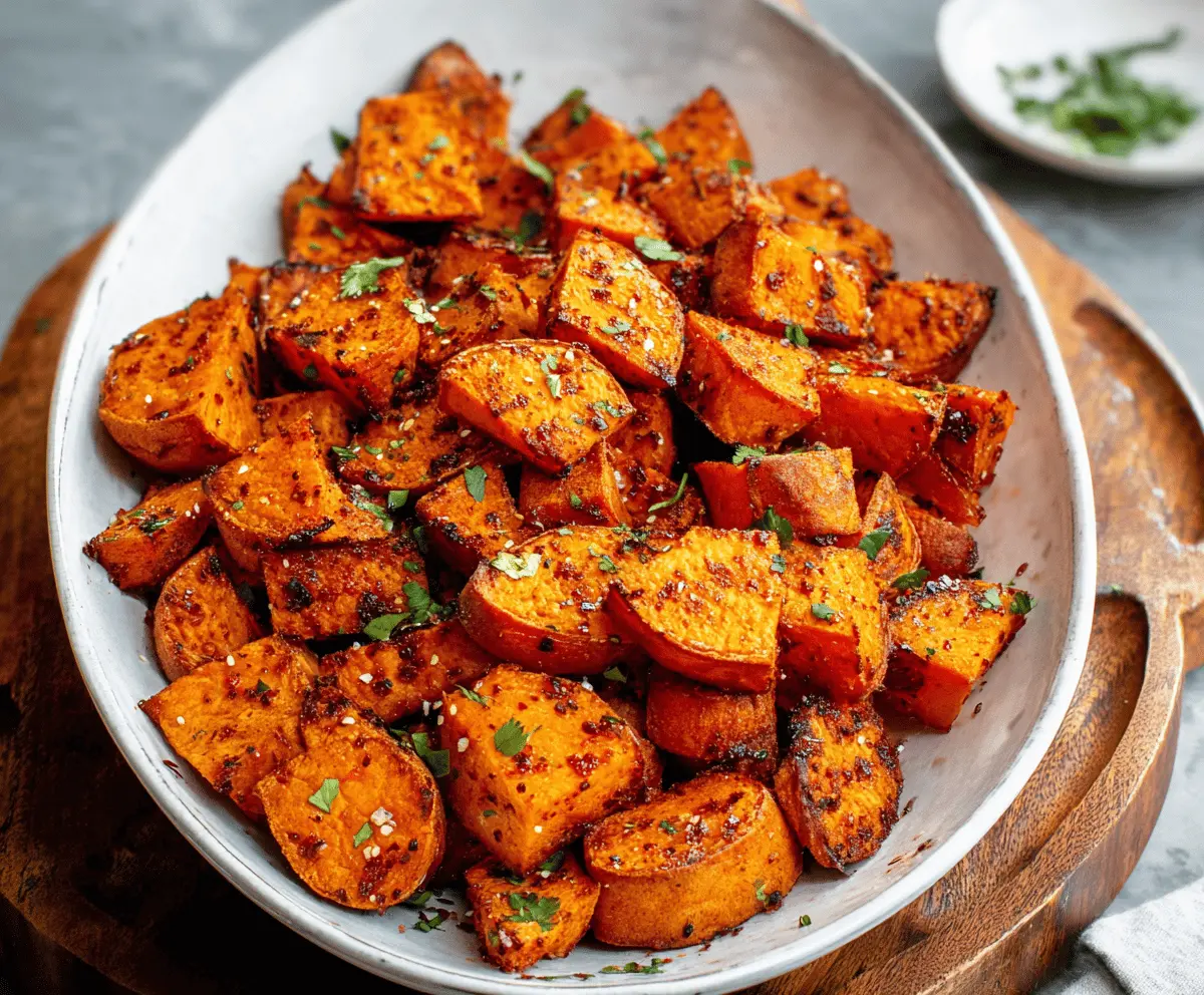 Crispy roasted sweet potato wedges on a baking tray, golden brown and garnished with herbs