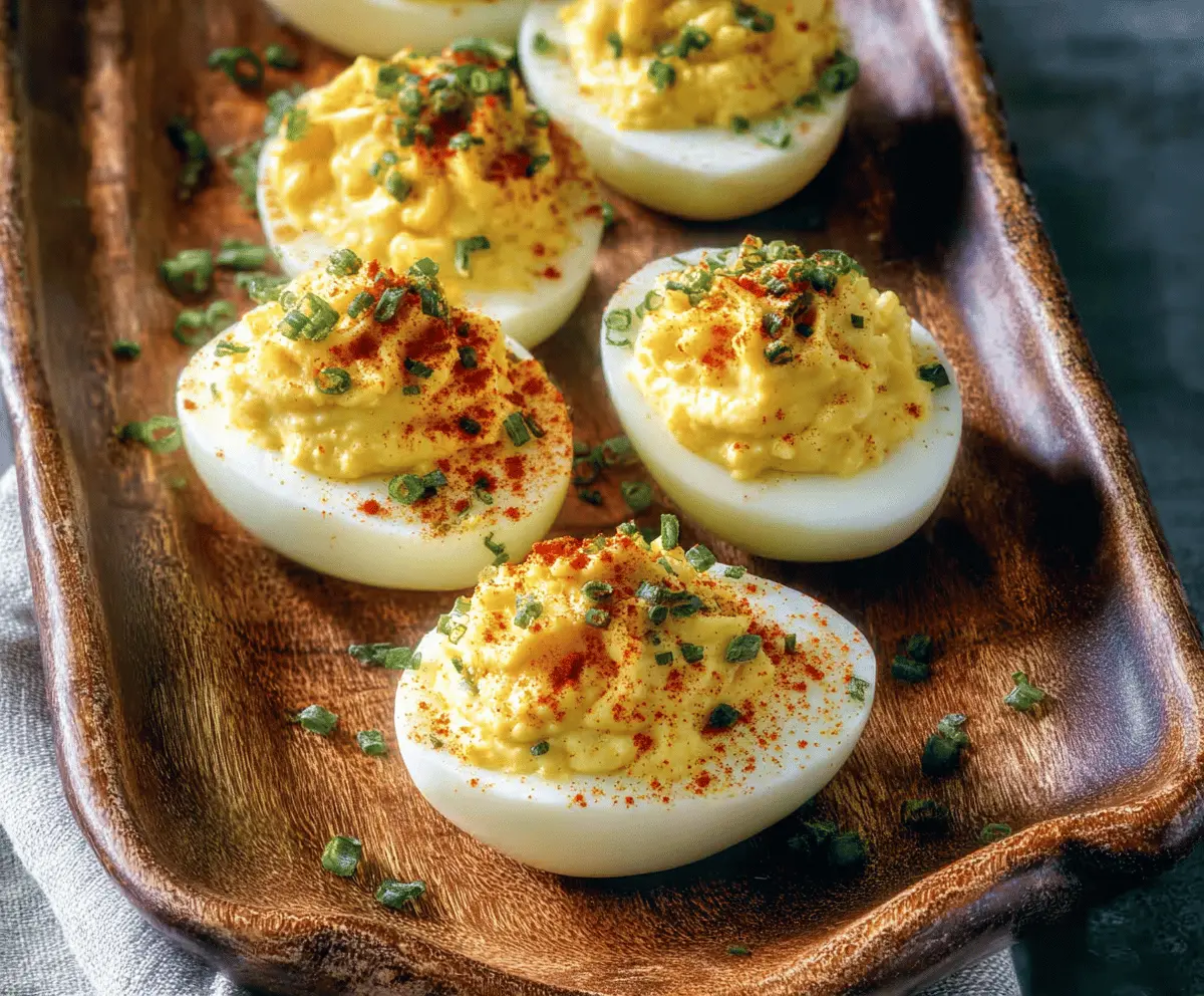 Creamy deviled eggs topped with mustard and paprika, perfect for appetizers and parties