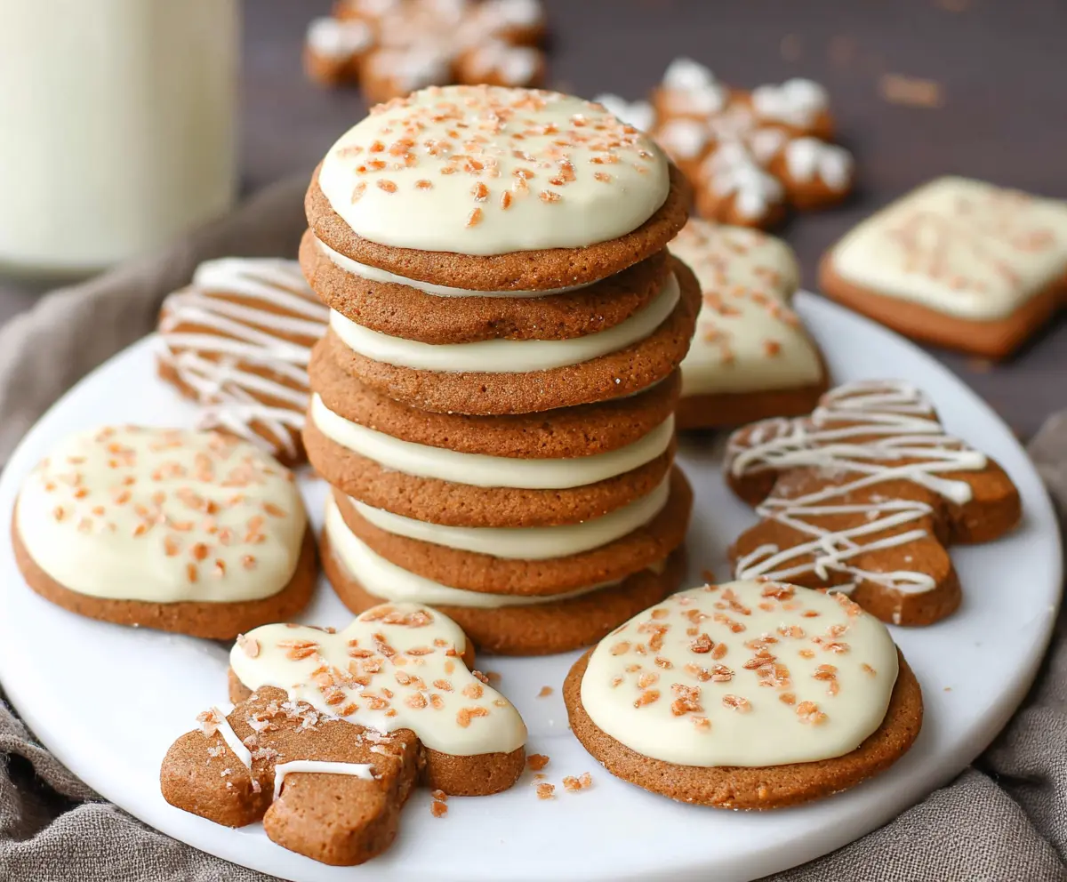 Eggnog Iced Gingerbread Cookies with festive holiday decoration and icing detail
