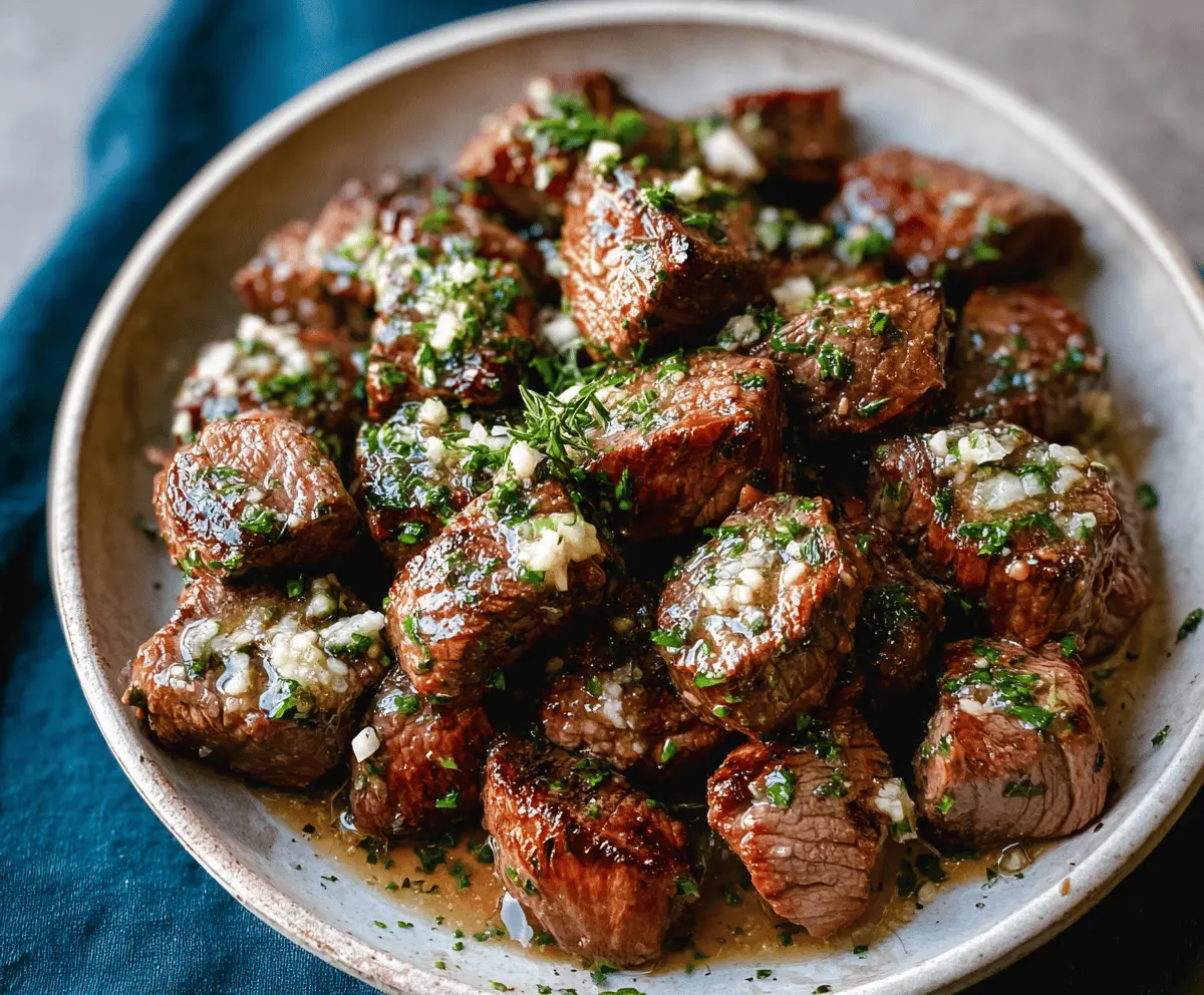 Delicious garlic butter steak bites served with fresh herbs on a rustic plate.