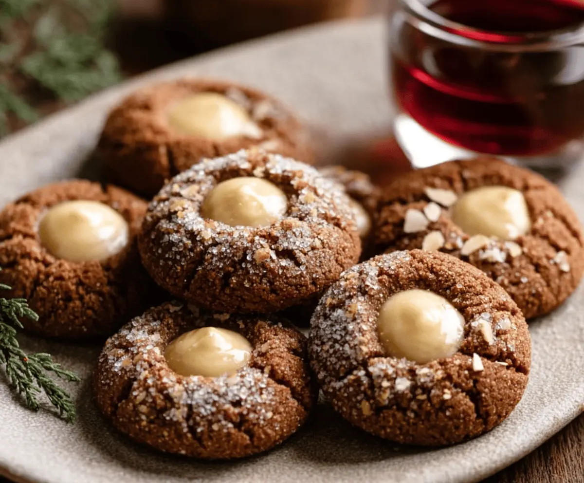 Delicious gingerbread thumbprint cookies with jam filling on a festive holiday plate
