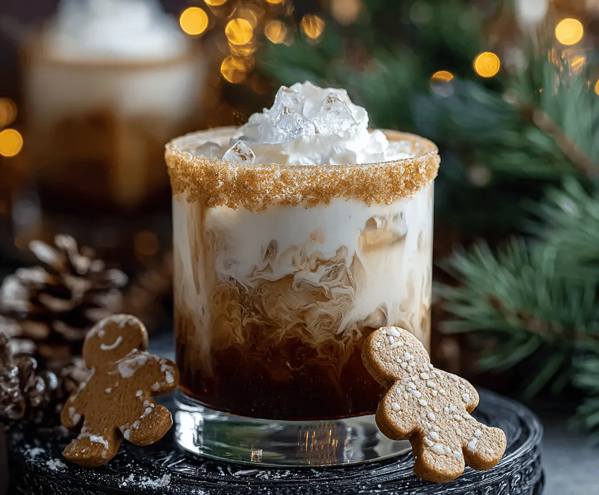 Creamy Gingerbread White Russian cocktail garnished with a cinnamon stick and whipped cream in a clear glass.