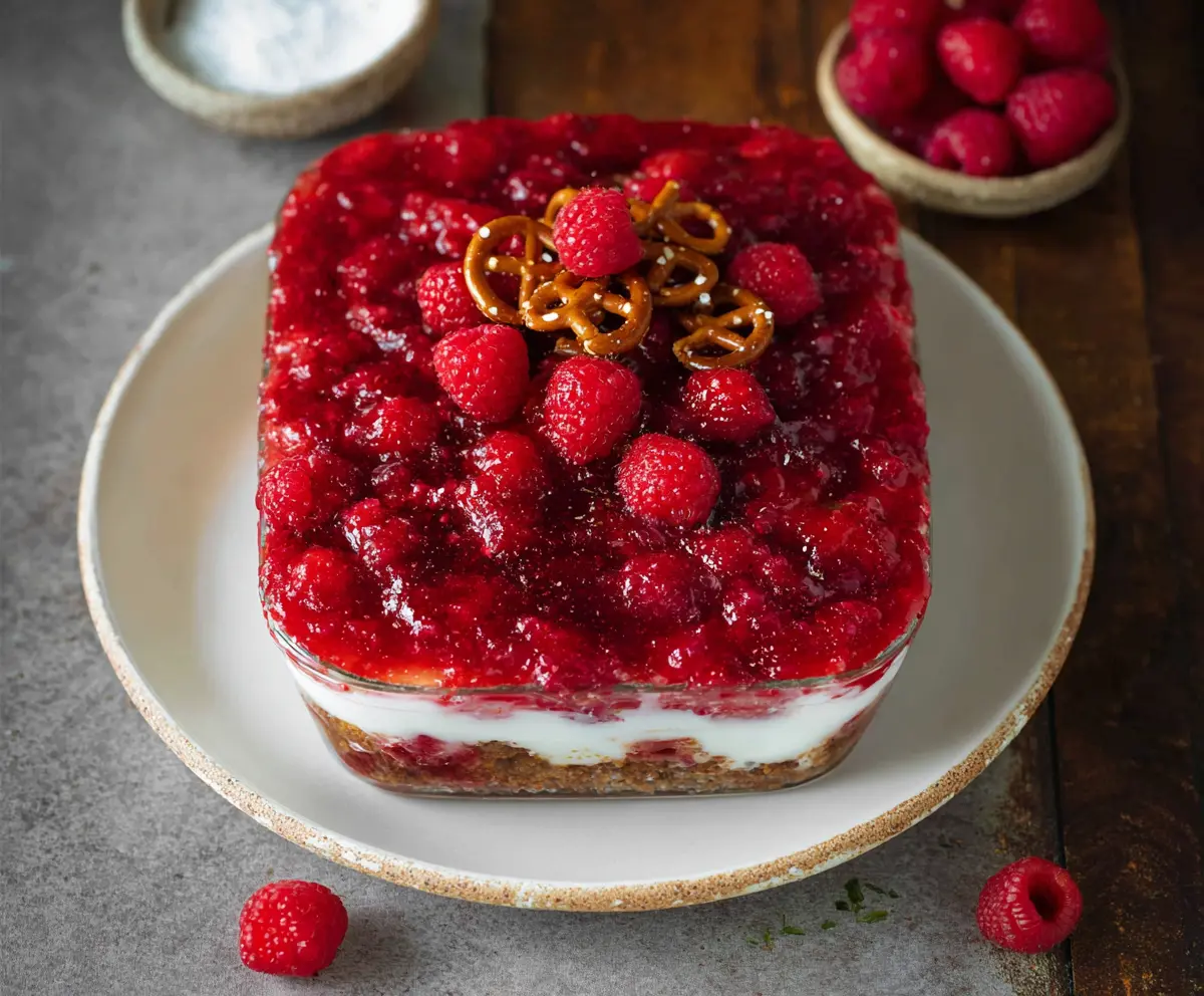 Delicious gluten-free raspberry pretzel salad with fresh berries and crunchy pretzels