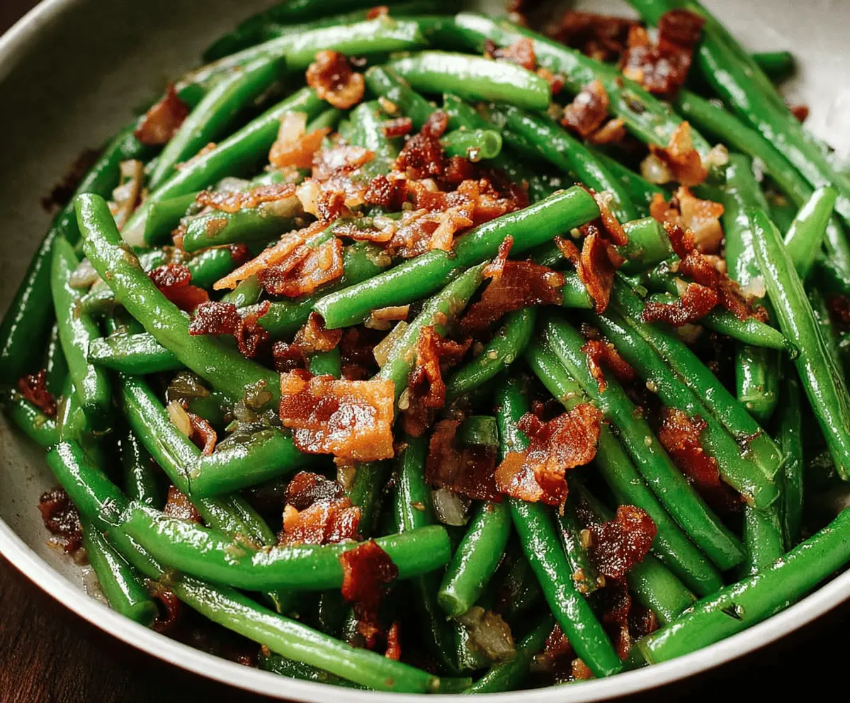 Fresh green beans cooked with crispy bacon slices for a savory side dish
