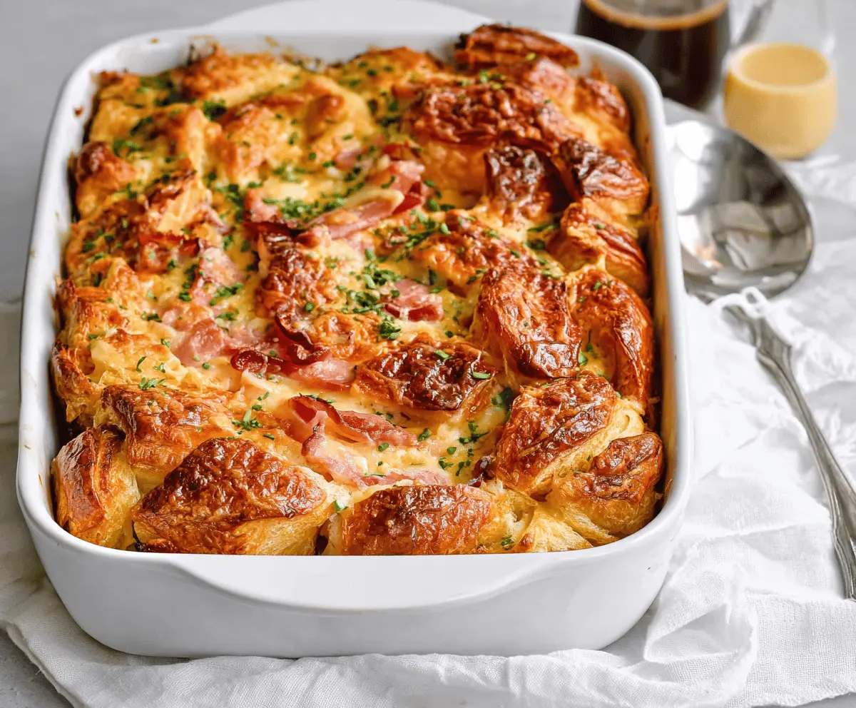 Delicious ham and cheese croissant casserole in a baking dish, perfect for breakfast or brunch.