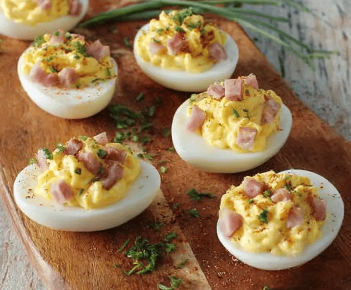 Creamy Ham Deviled Eggs garnished with fresh herbs on a white plate