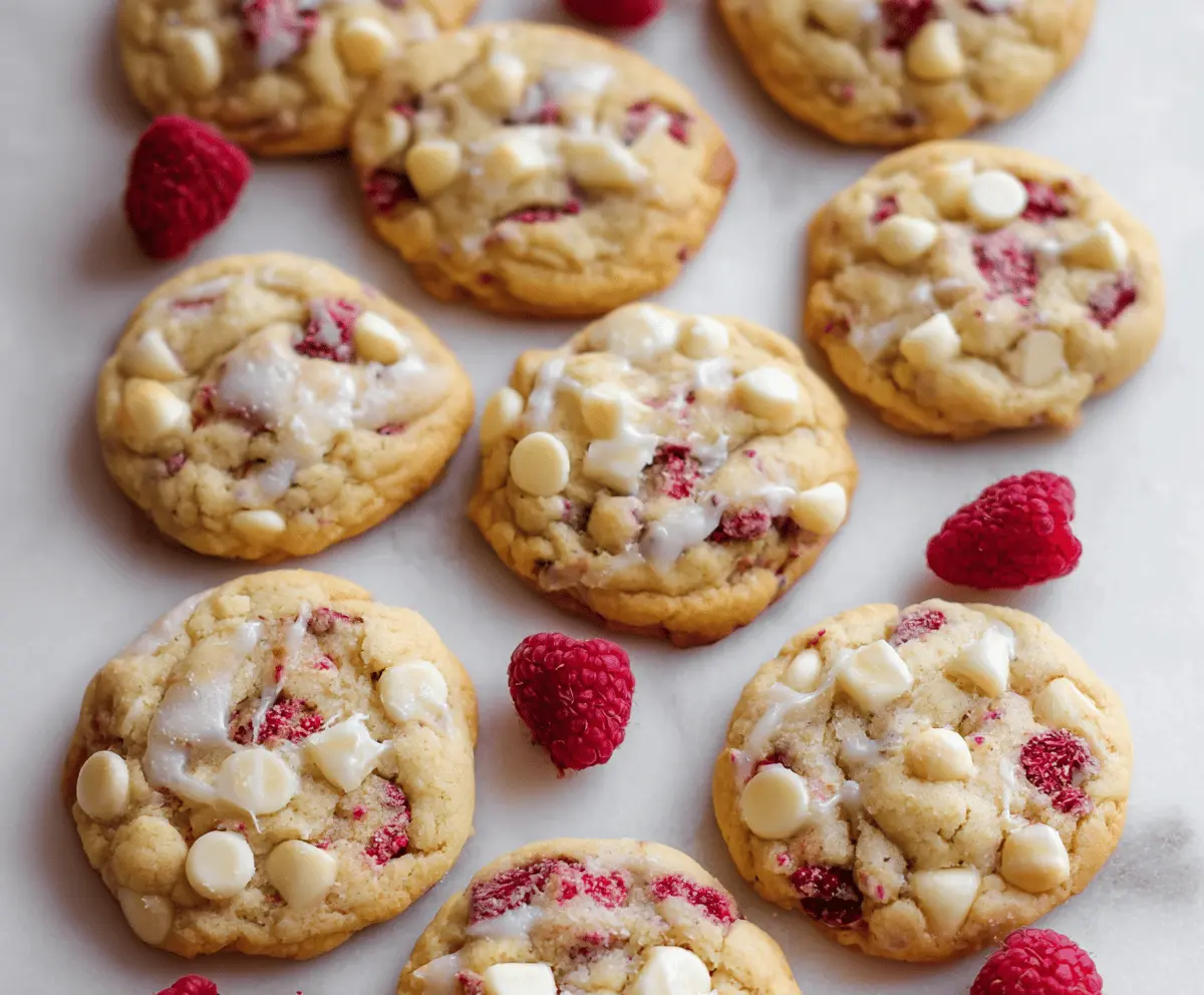 Homemade white chocolate raspberry cheesecake cookies on a plate, creamy and crumbly dessert with fresh raspberries