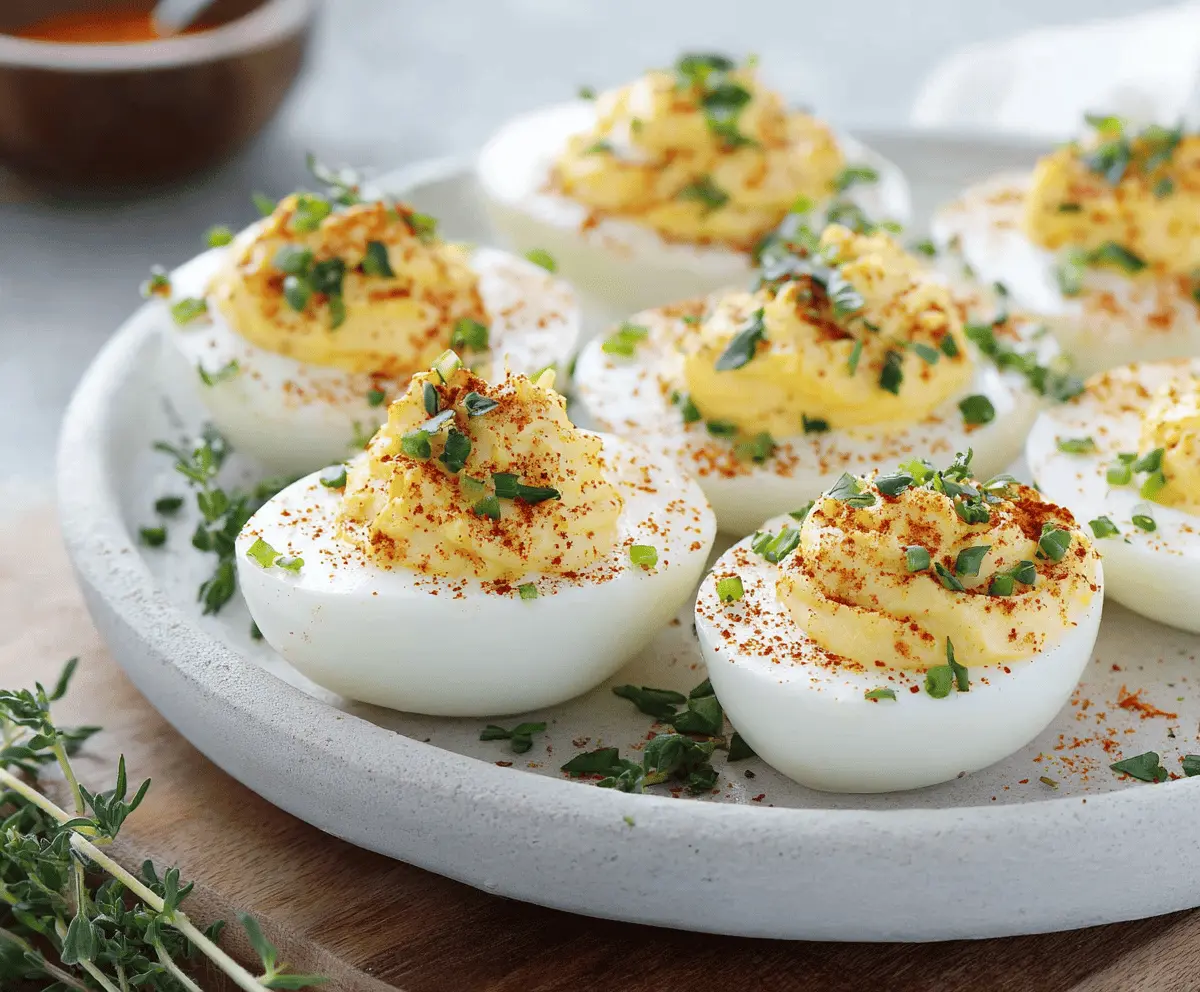 Keto deviled eggs garnished with paprika and parsley on a white plate.