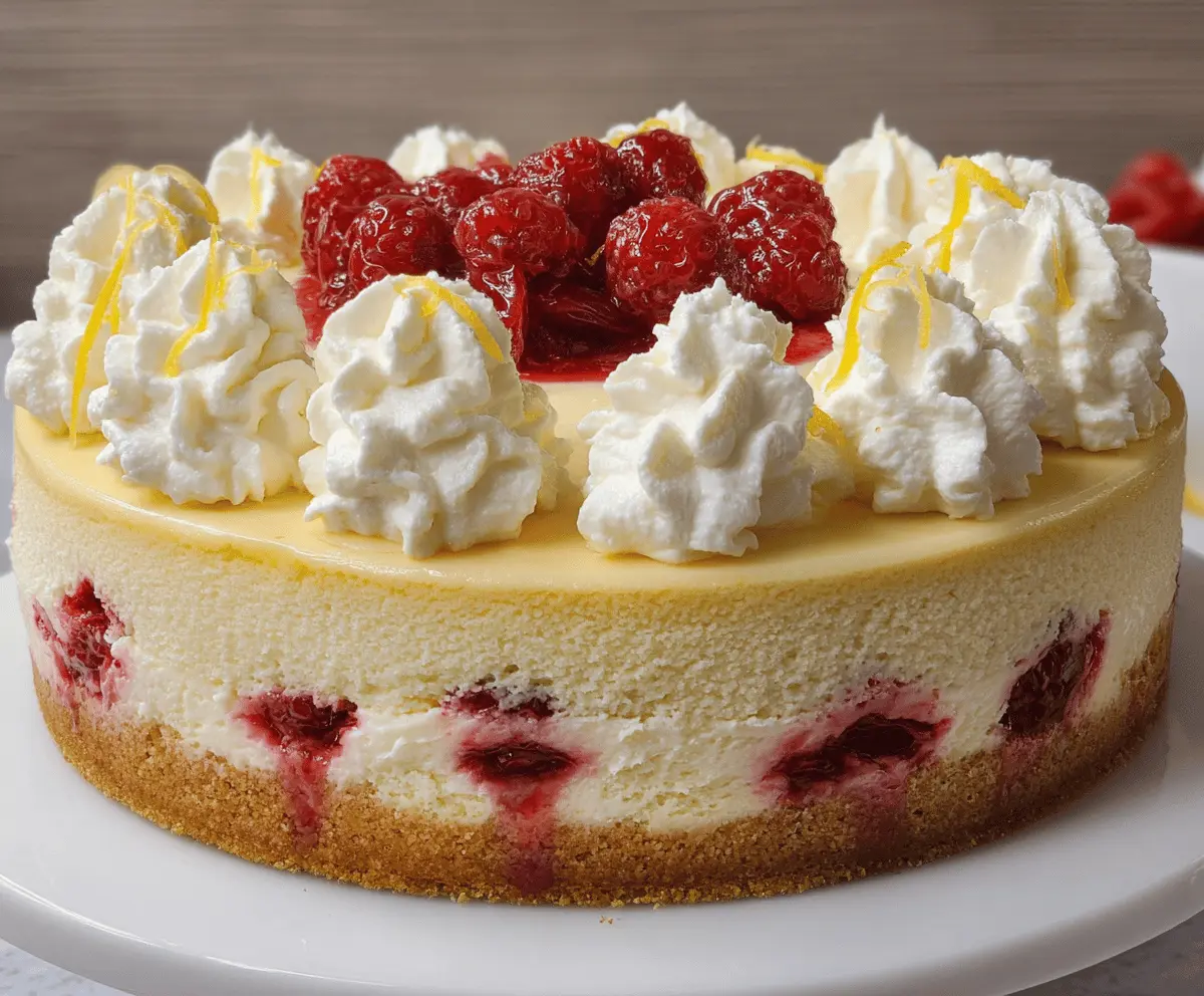 Delicious Lemon Raspberry Cream Cheesecake topped with fresh berries and zesty lemon slices