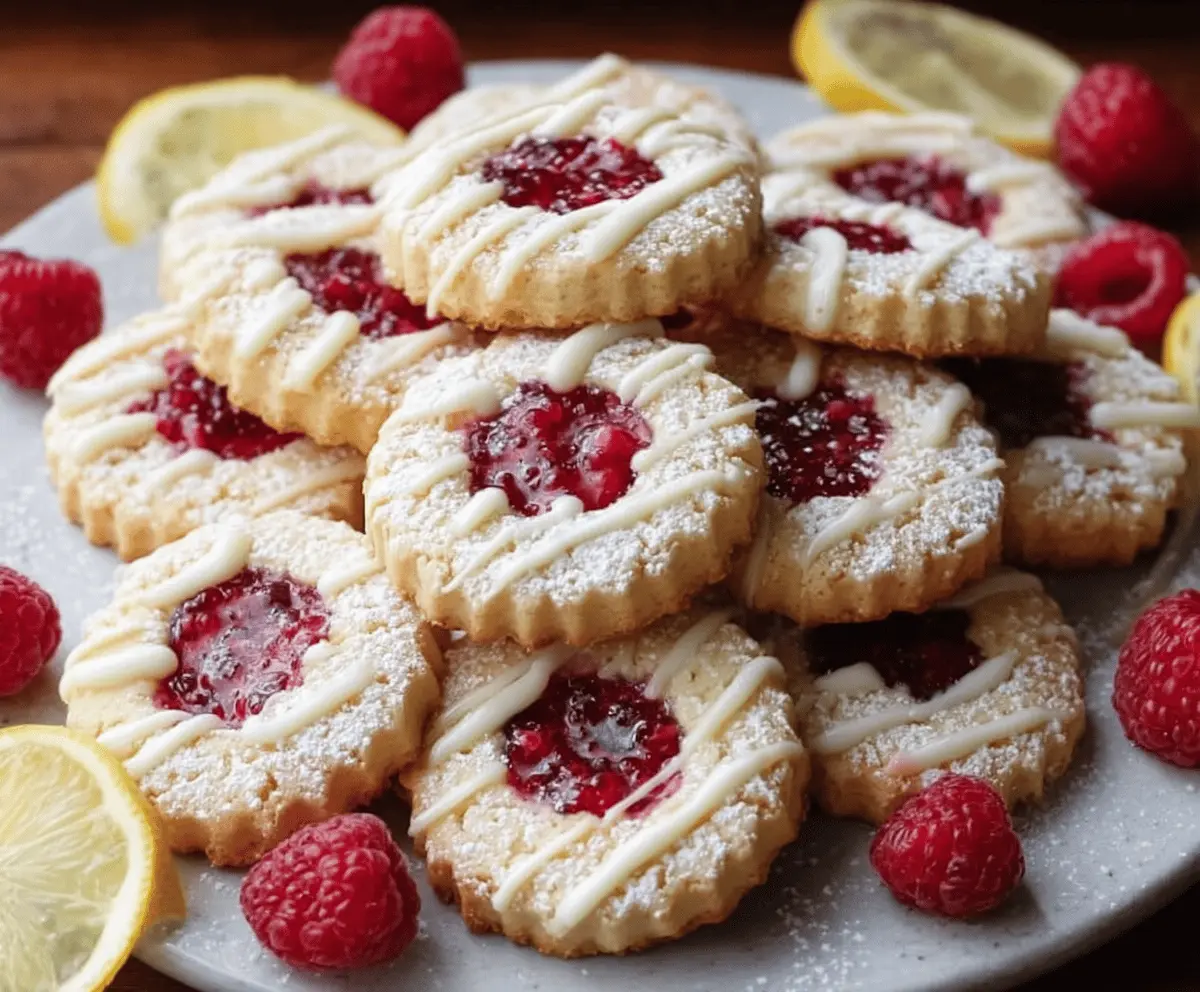 Delicious Lemon Raspberry Shortbread Cookies on a white plate, showcasing bright lemon glaze and fresh raspberries.
