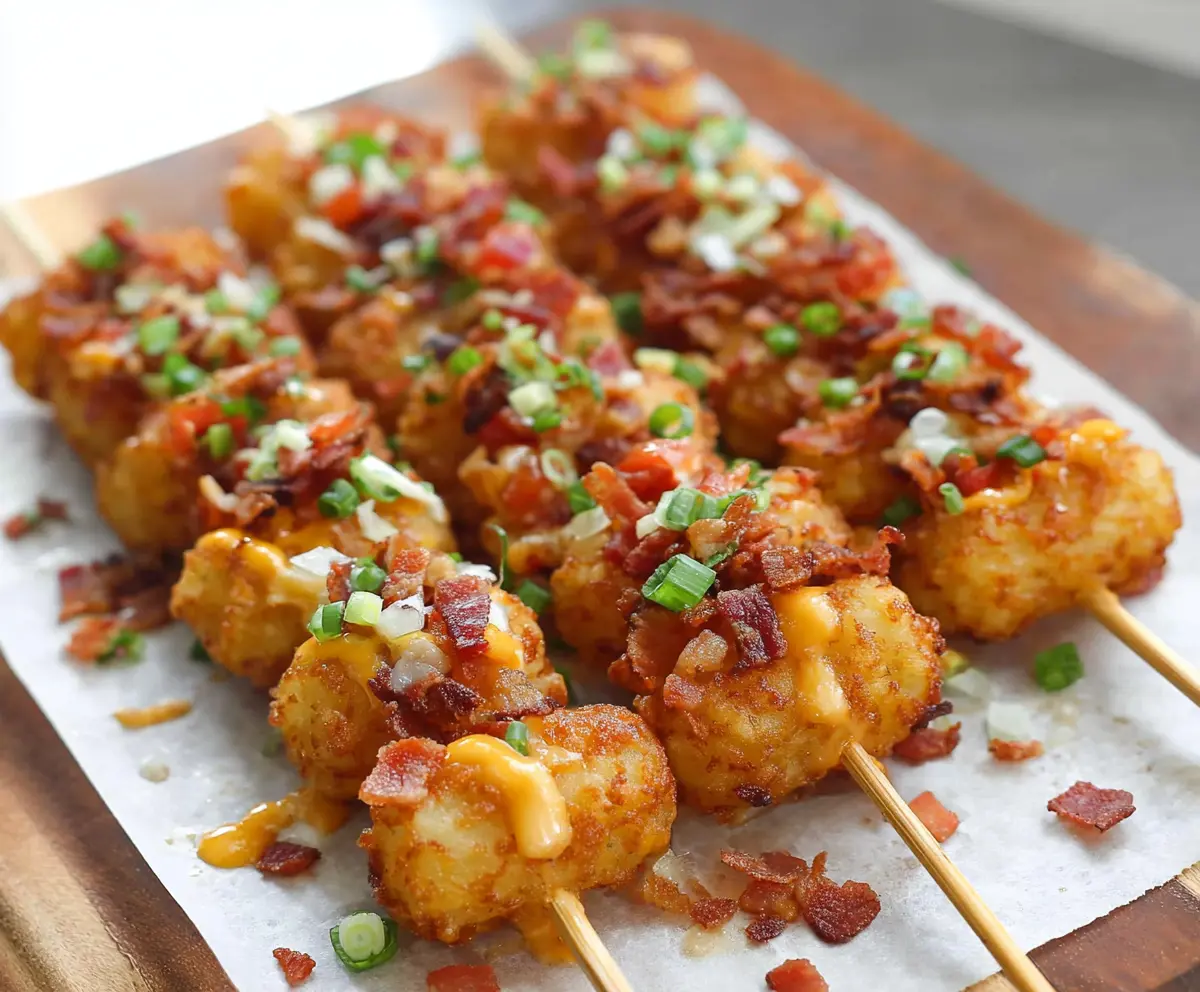 Delicious Loaded Tater Tot Skewers topped with cheese, bacon, and green onions on a platter.