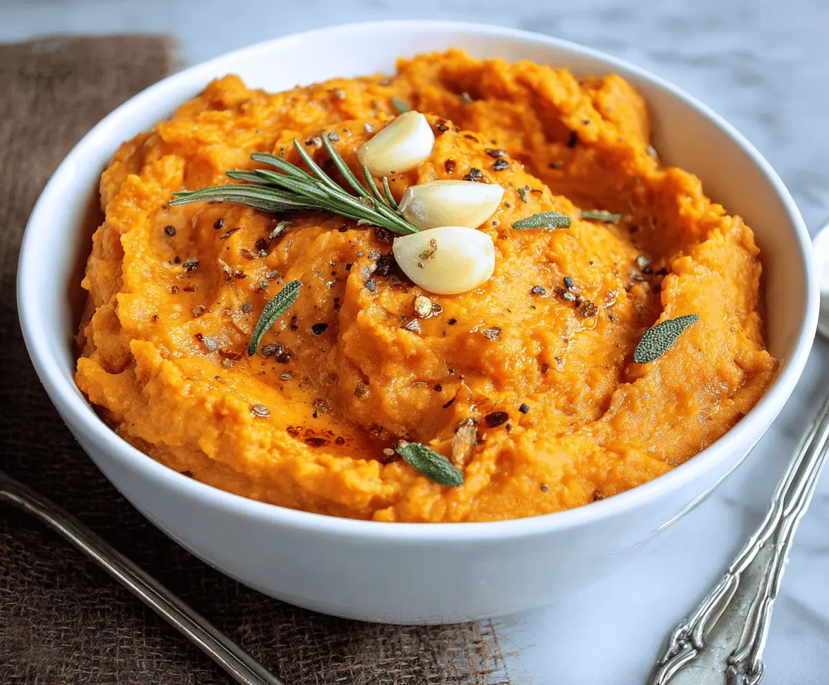 Creamy mashed sweet potato with roasted garlic for a healthy side dish.