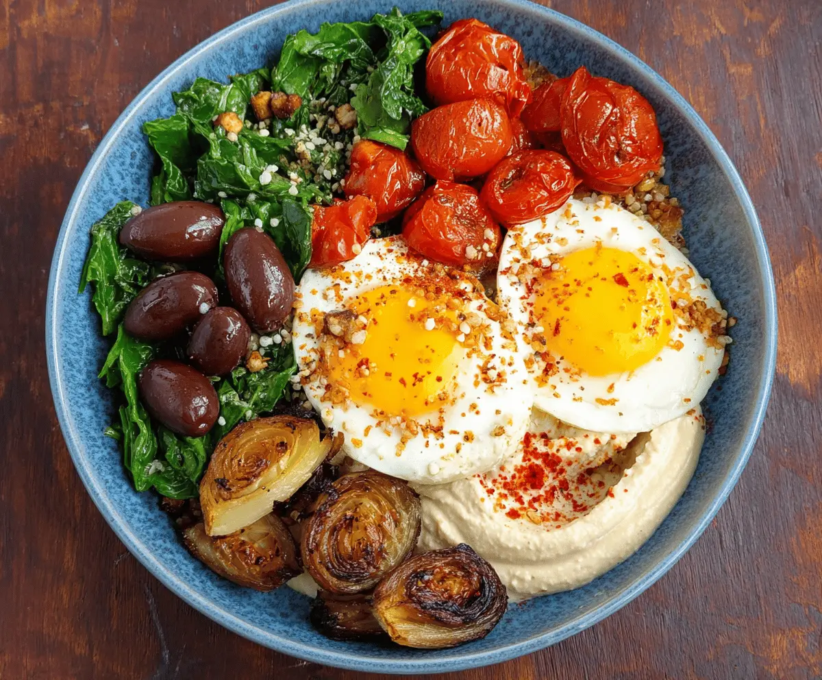 Colorful Mediterranean Breakfast Bowl with fresh vegetables, hummus, and eggs on a white plate.