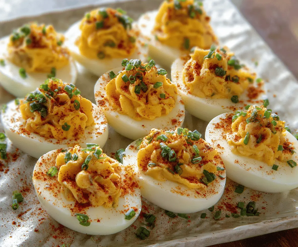 Delicious Million Dollar Deviled Eggs garnished with paprika and fresh herbs on a white platter.