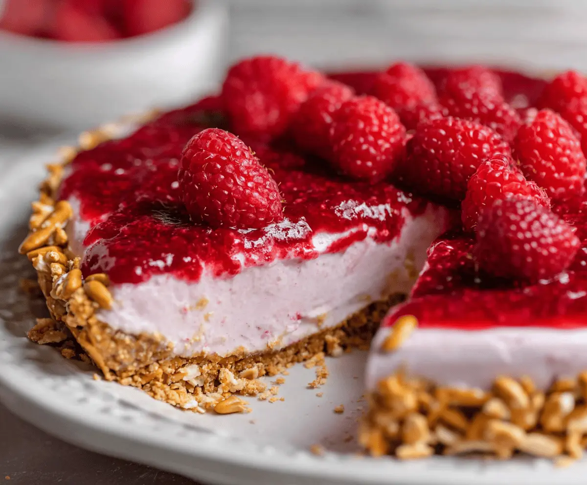 Delicious No-Bake Raspberry Pretzel Pie with fresh raspberries and crunchy pretzel crust