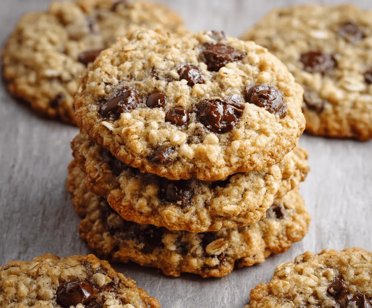 Delicious homemade oatmeal chocolate chip cookies fresh out of the oven.