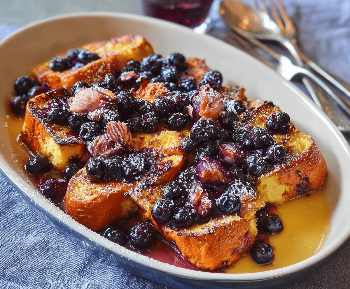 Delicious overnight blueberry French toast topped with fresh blueberries and maple syrup.