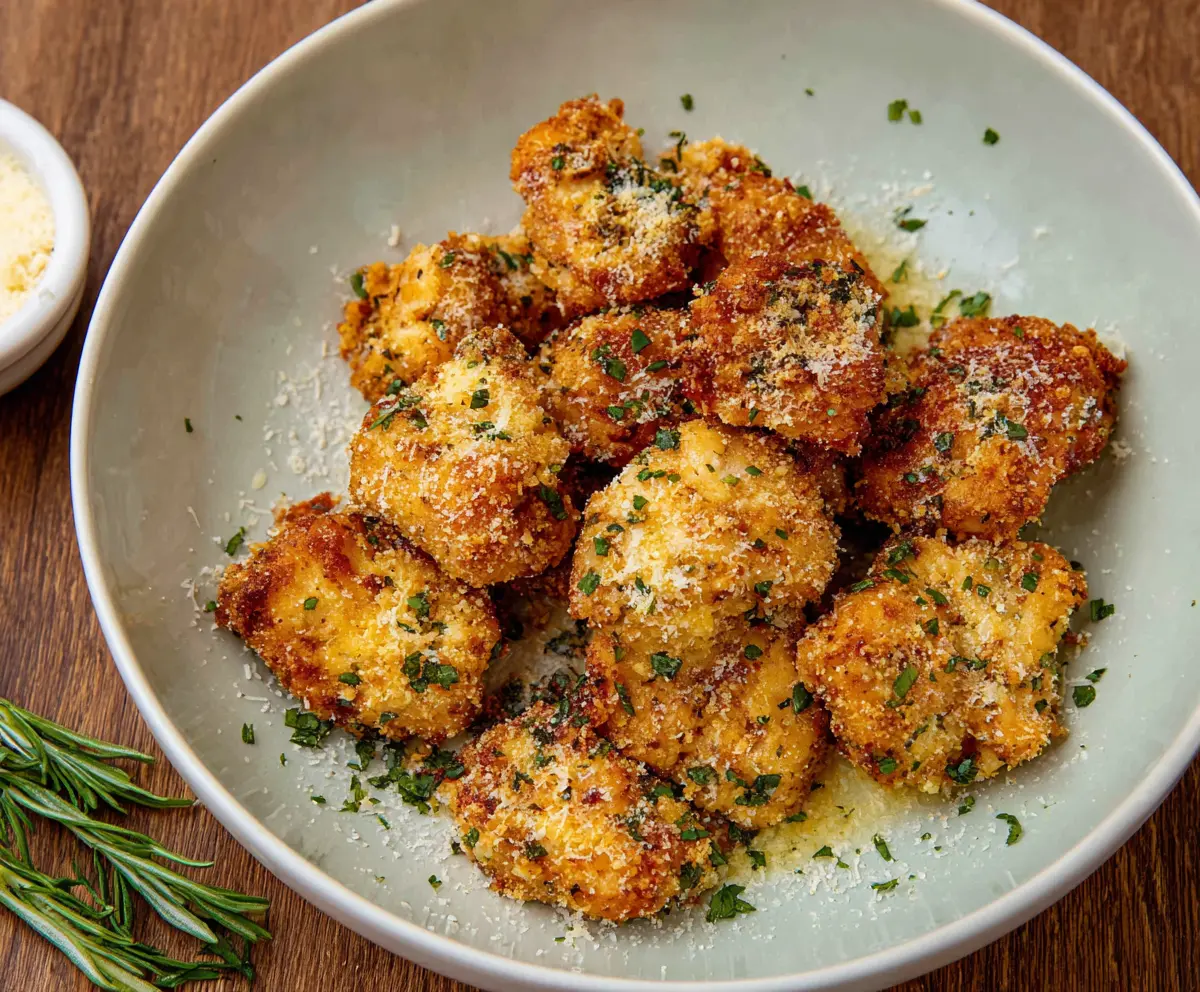 Golden Parmesan Herb Chicken Bites on a white plate, garnished with fresh herbs, perfect for a savory appetizer or snack.