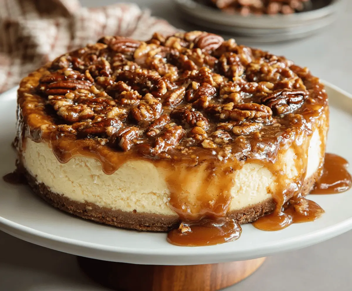 Delicious Pecan Pie Cheesecake topped with caramelized pecans and a graham cracker crust.