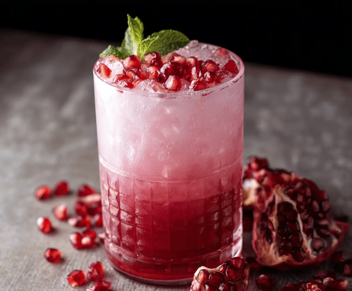 Refreshing Pomegranate Gin Fizz cocktail garnished with pomegranate seeds and mint leaves, served in a clear glass.