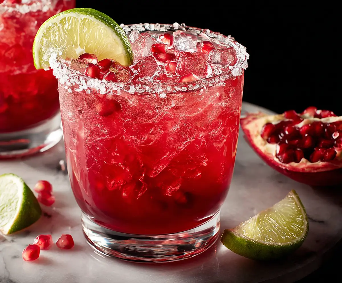 Refreshing Pomegranate Margarita cocktail with garnished lime and pomegranate seeds on a sunny table.