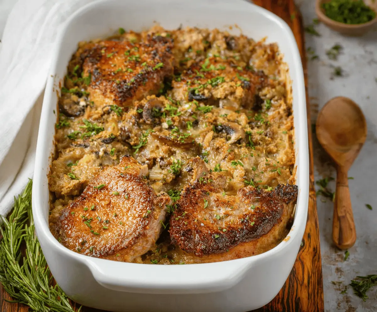 Delicious pork chop casserole with golden baked cheese and savory herbs