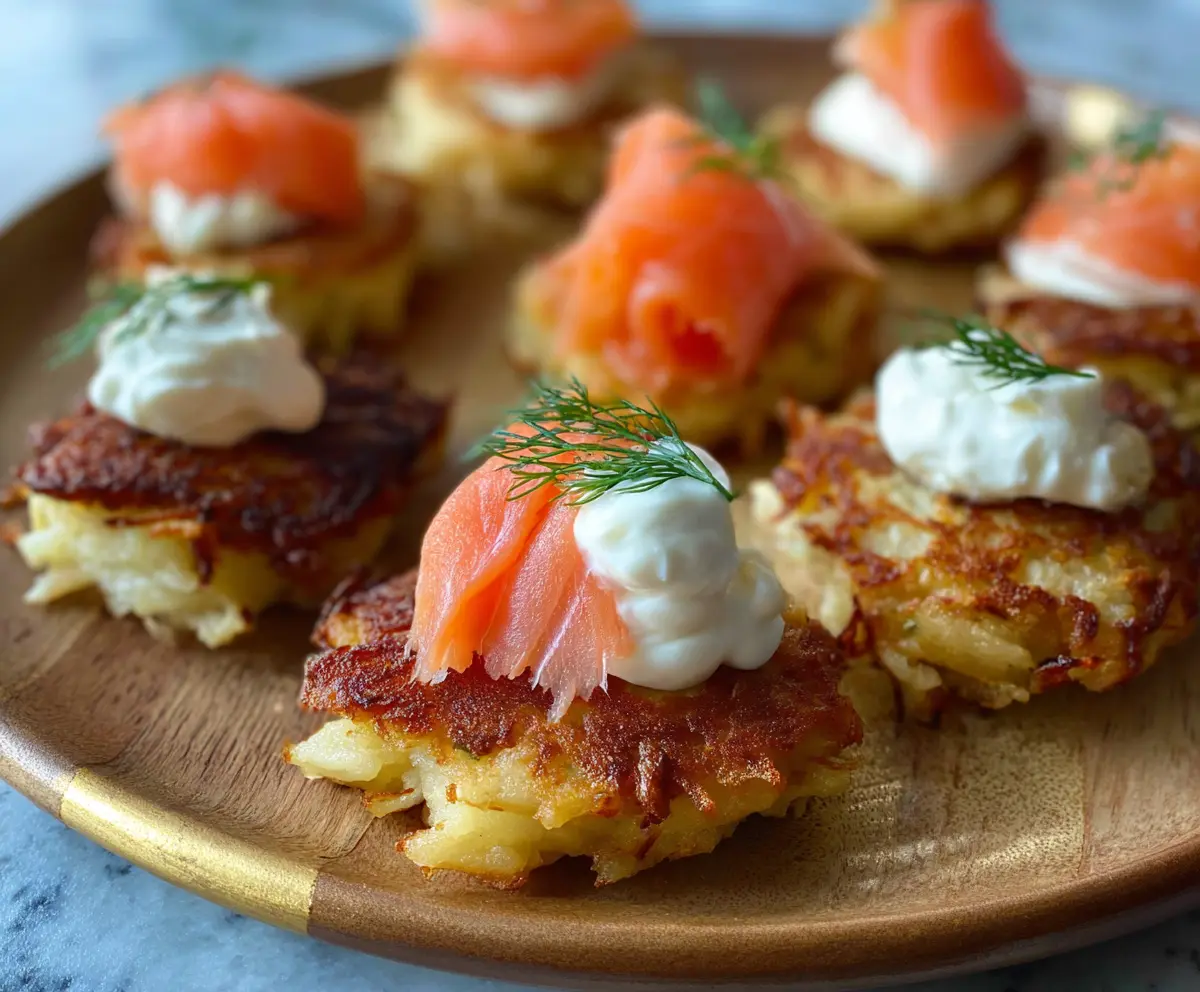 Delicious potato latke bites topped with smoked salmon and fresh herbs for a savory appetizer.