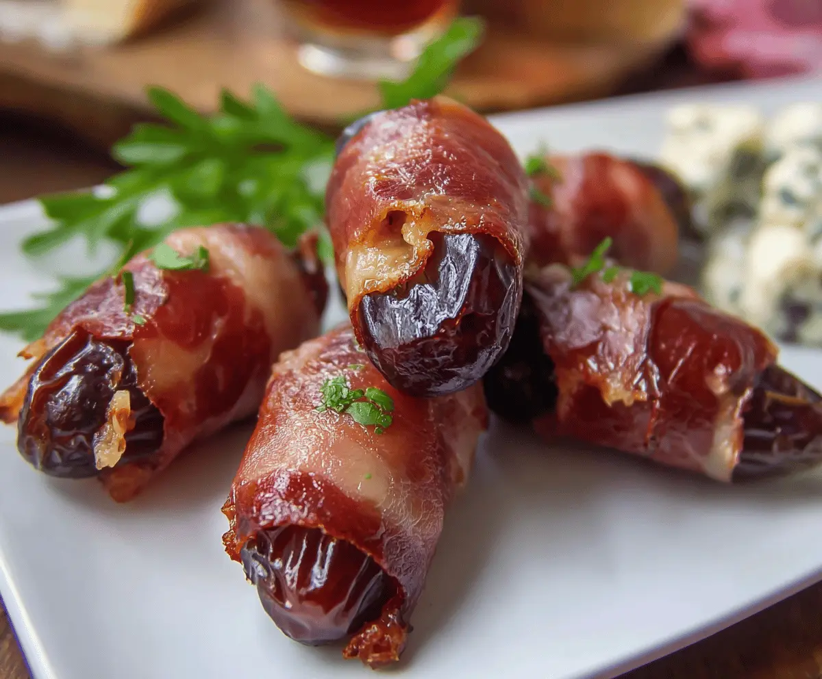 Delicious prosciutto wrapped dates with creamy filling, perfect for appetizers.
