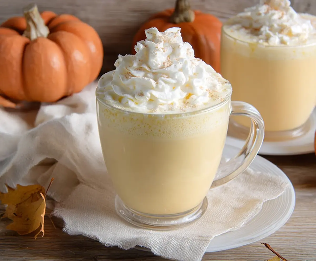Creamy Pumpkin White Hot Chocolate in a mug topped with whipped cream and cinnamon.