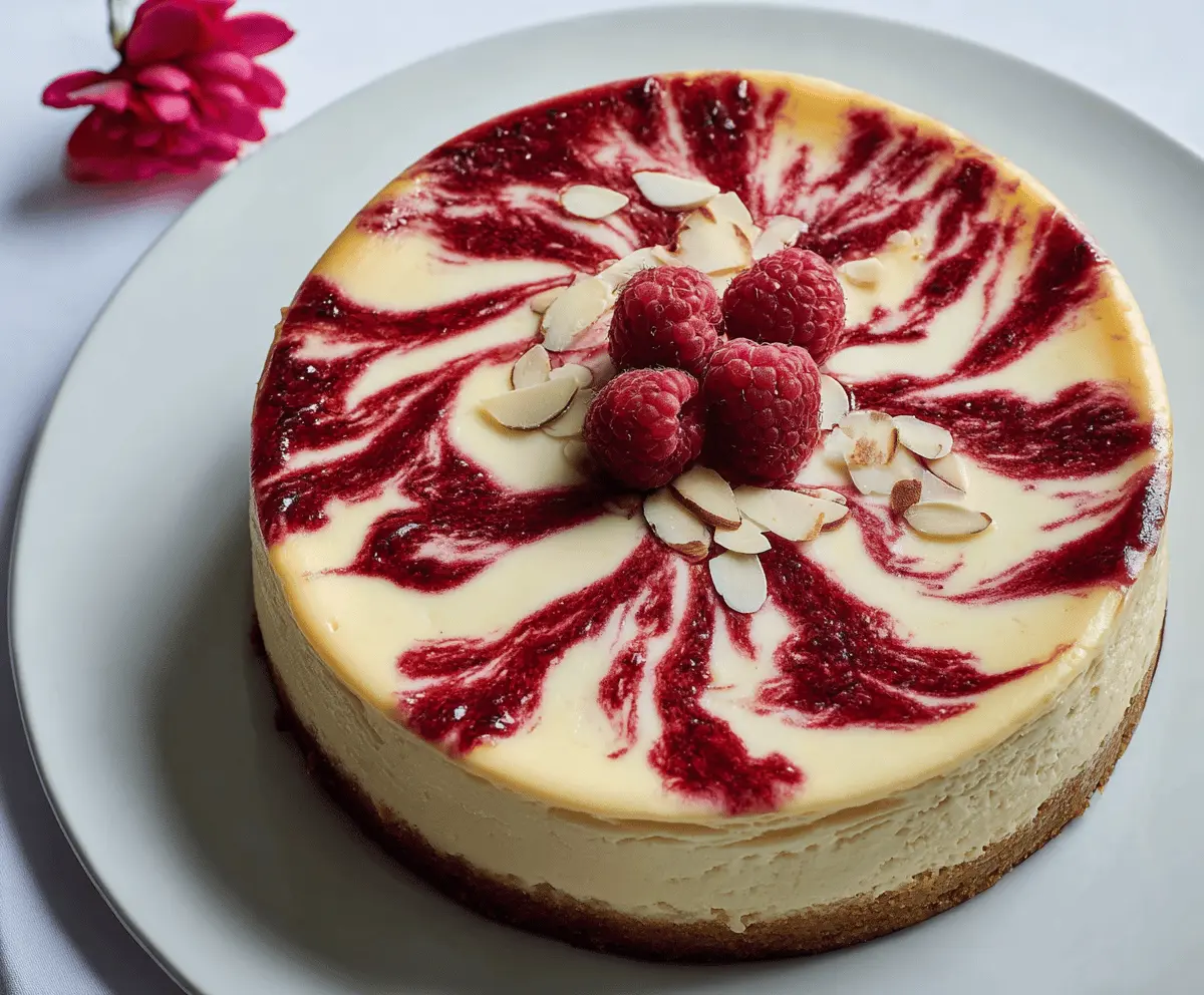 Delicious Raspberry Almond Cheesecake topped with fresh raspberries and sliced almonds.