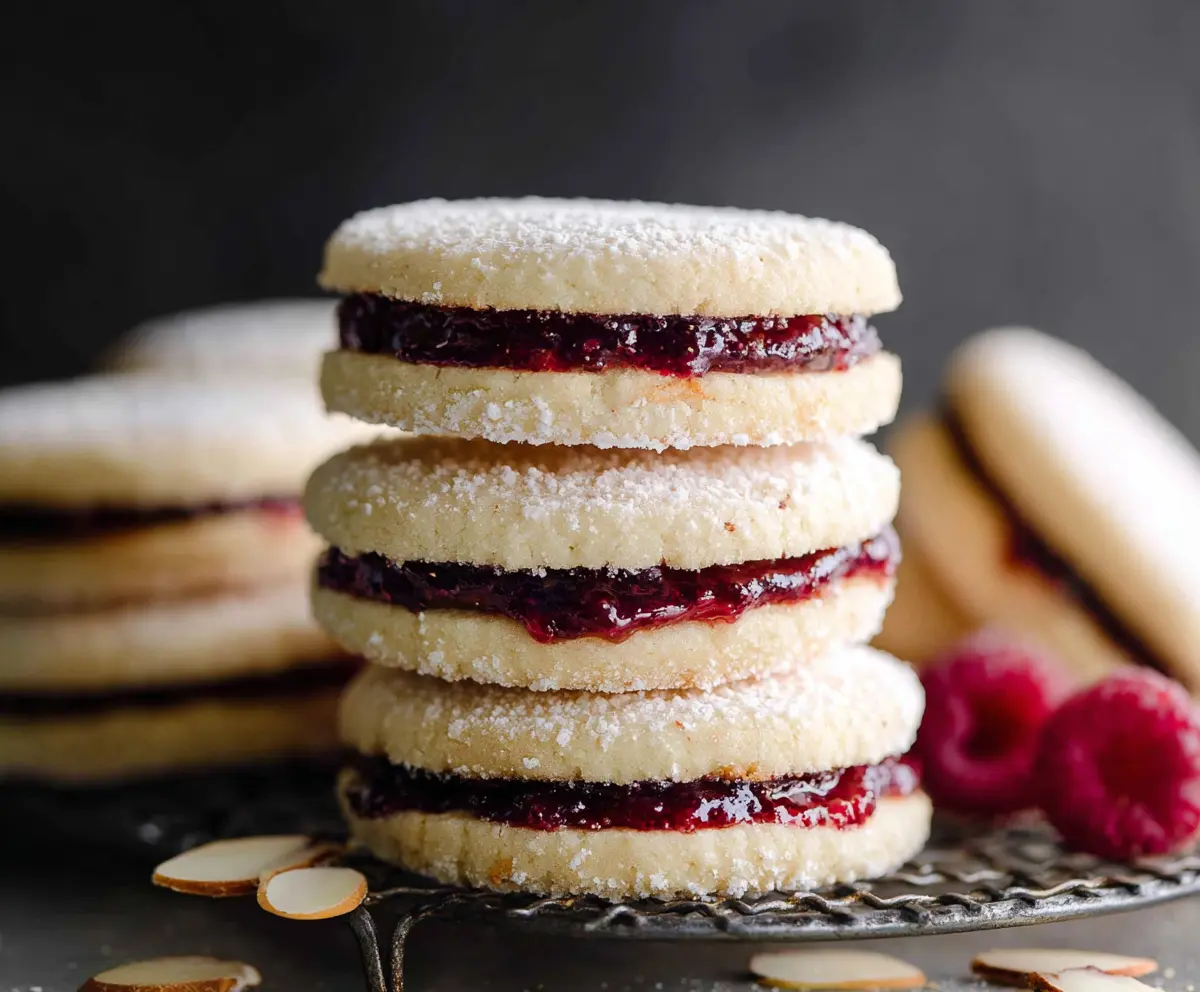 Delicious raspberry almond sandwich cookies with vibrant red raspberry filling and crunchy almond cookies.
