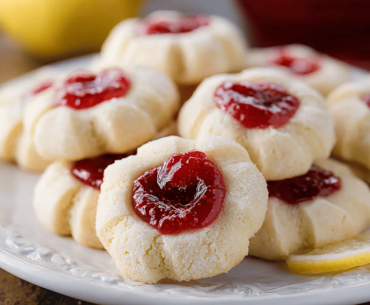 Delicious raspberry and lemon thumbprint cookies with vibrant fruit fillings and golden-baked crumbly texture.