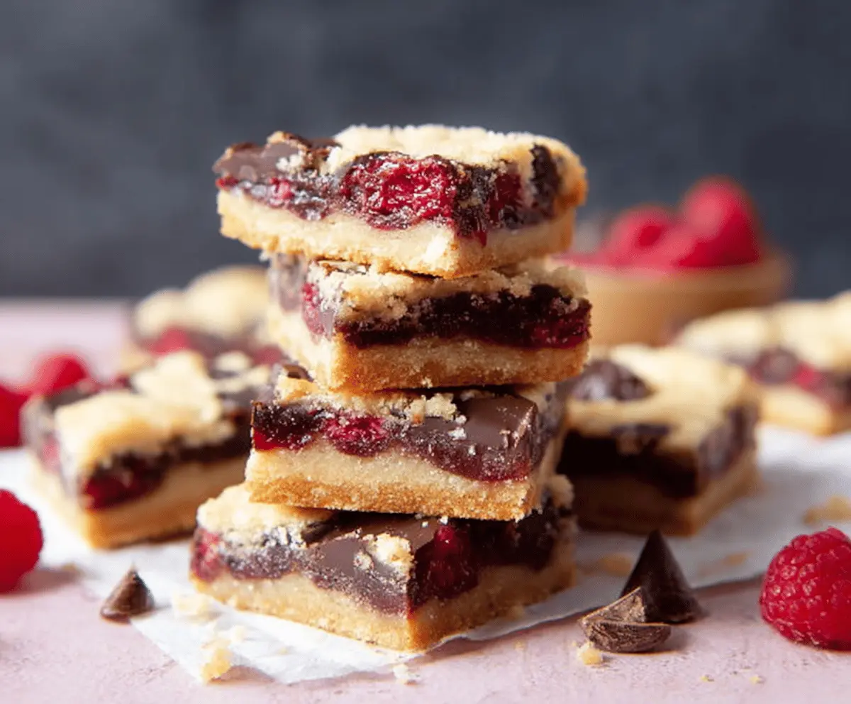 Delicious Raspberry Chocolate Chip Shortbread Bars with fresh raspberries and melted chocolate chips