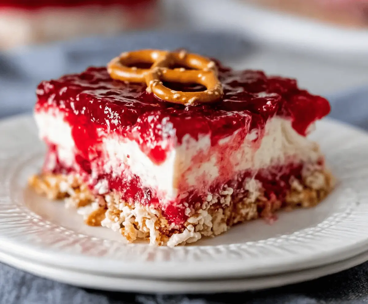 Delicious Raspberry Pretzel Dessert with a layers of fresh raspberries, creamy filling, and crunchy pretzel crust.