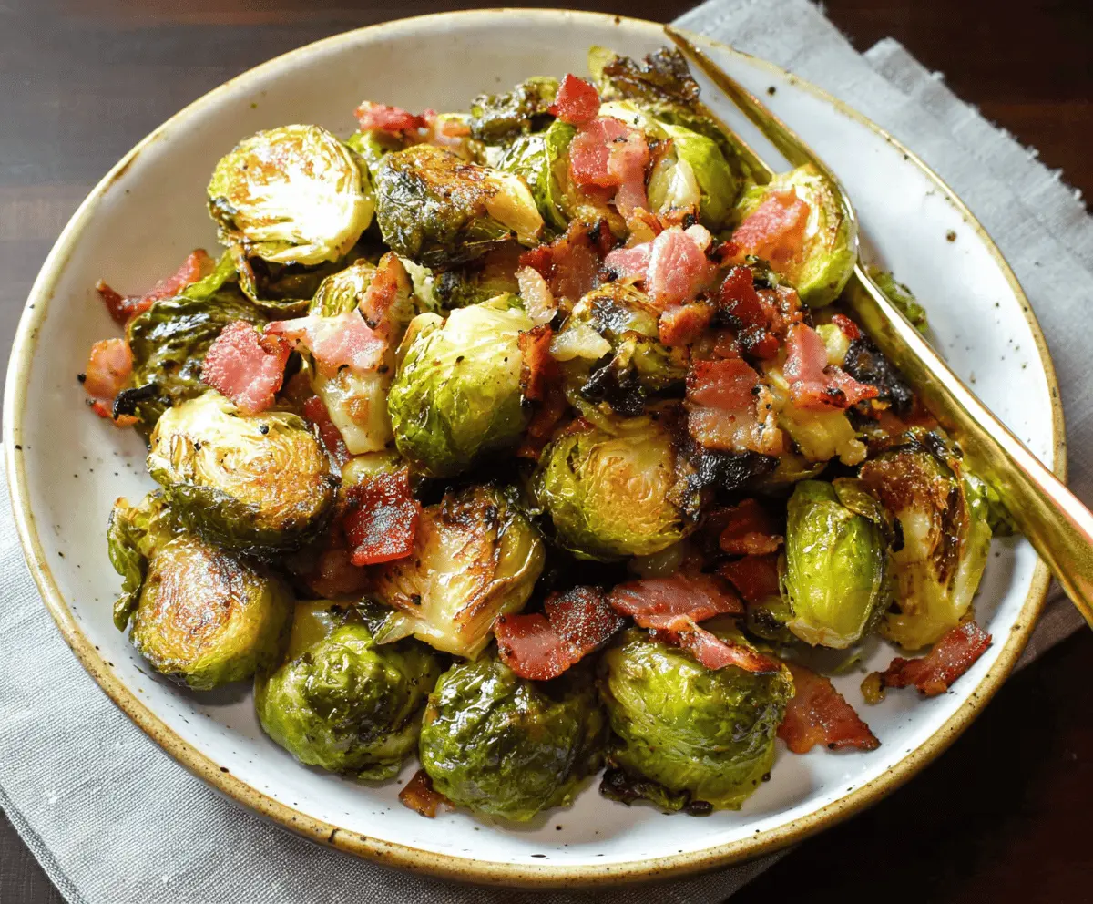 Delicious roasted Brussels sprouts with crispy bacon, perfect for a healthy side dish.