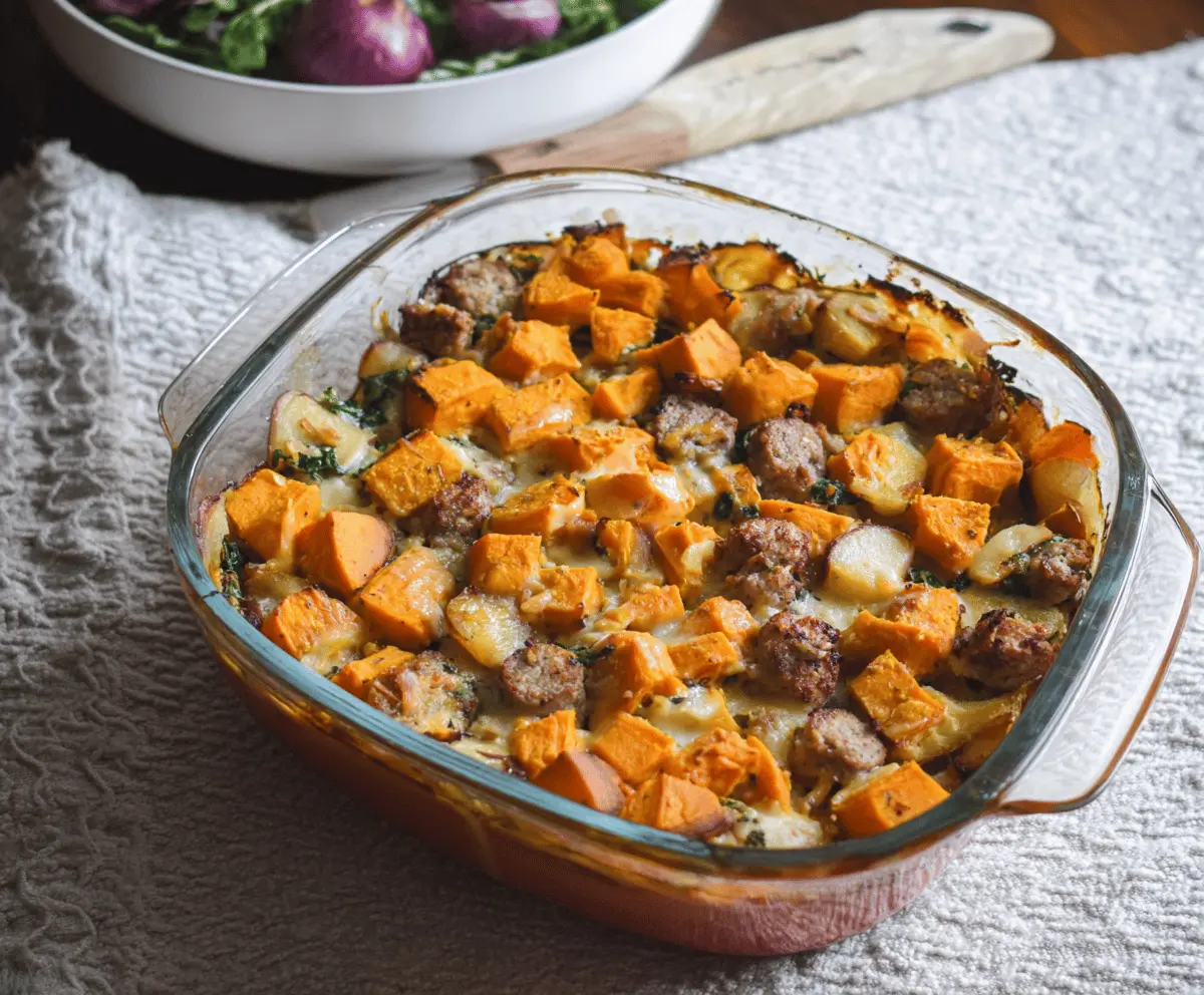 Delicious sausage and sweet potato casserole in a baking dish, garnished with herbs.
