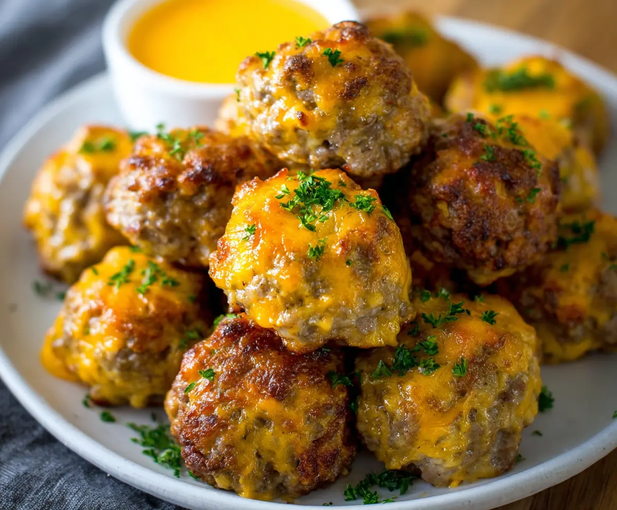 Delicious sausage cheese balls on a serving plate, perfect for appetizers and parties