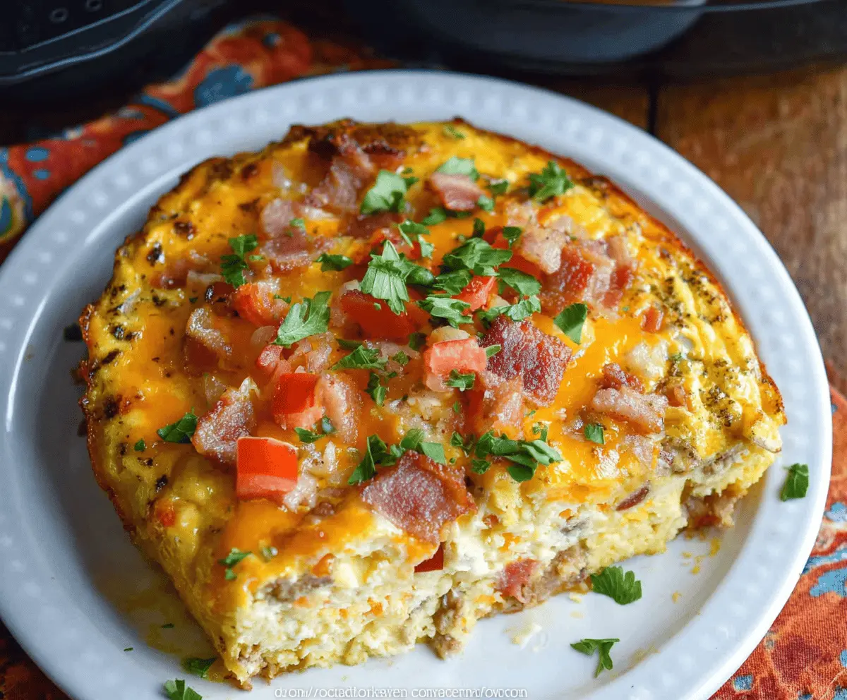 Hearty slow cooker breakfast casserole with eggs, cheese, and sausage served in a baking dish.