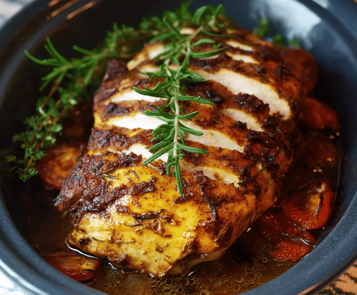 Juicy slow cooker turkey breast with herbs served on a white platter.