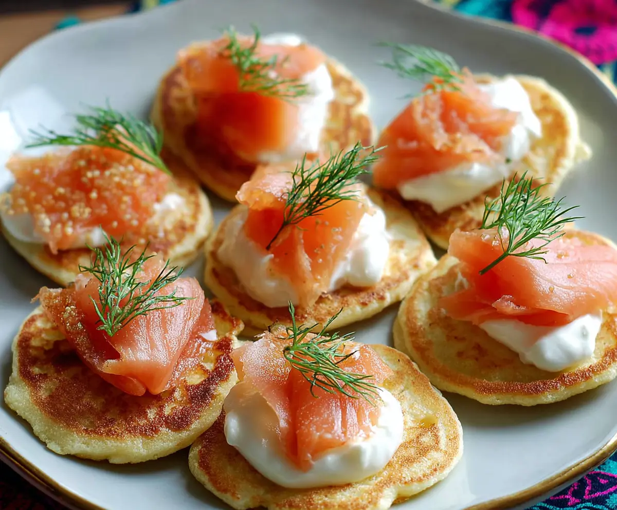Delicious smoked salmon blini bites garnished with fresh herbs on a white plate for appetizer presentation.