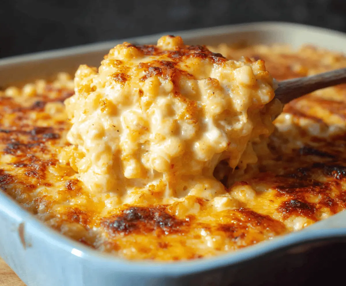 Delicious Southern baked Mac and cheese with a golden crunchy top served in a baking dish.