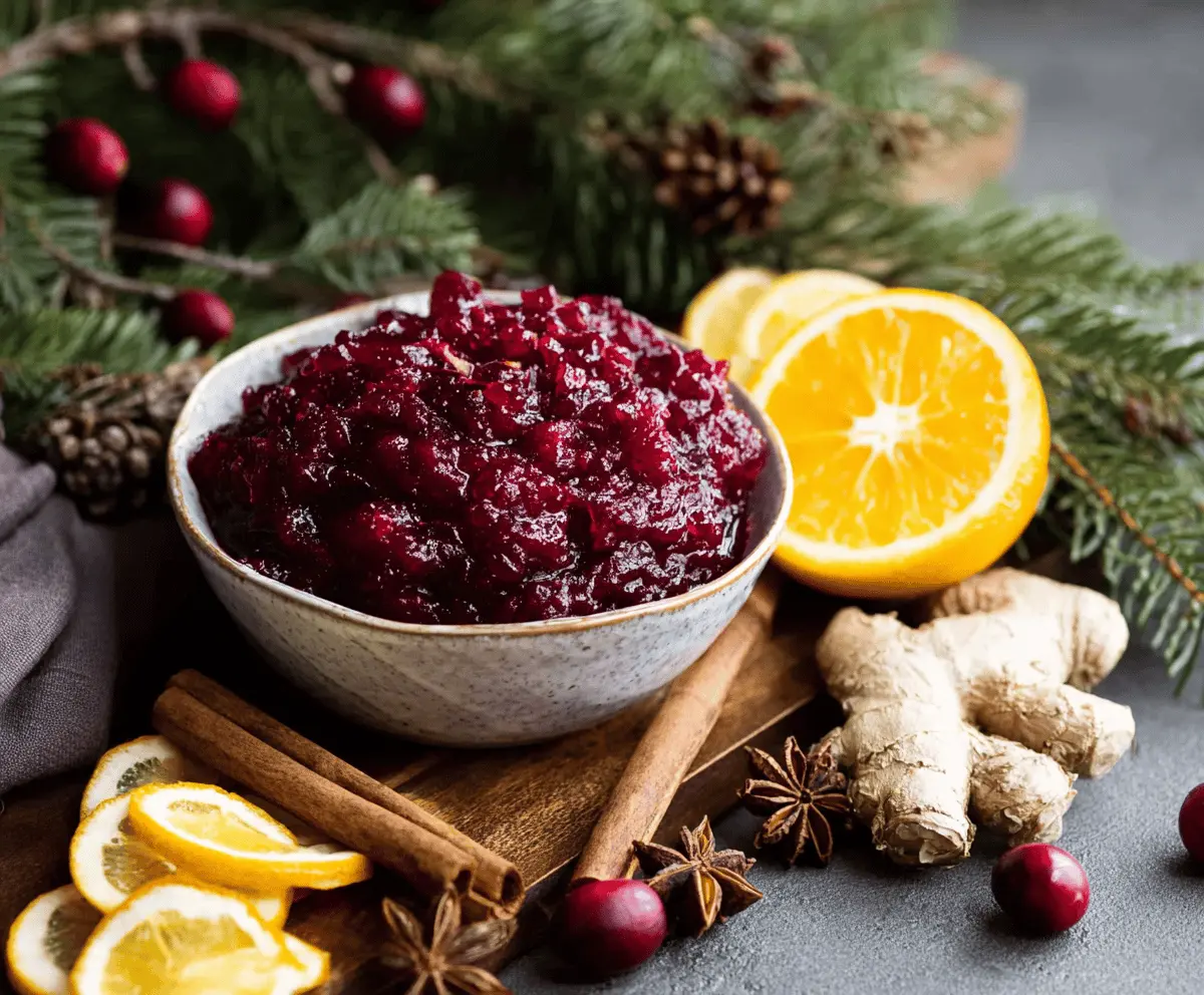 Bright and flavorful spiced cranberry sauce with orange zest and ginger for holiday celebrations.