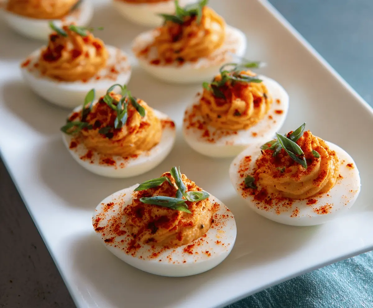 Delicious spicy Sriracha deviled eggs garnished with fresh herbs on a white plate.