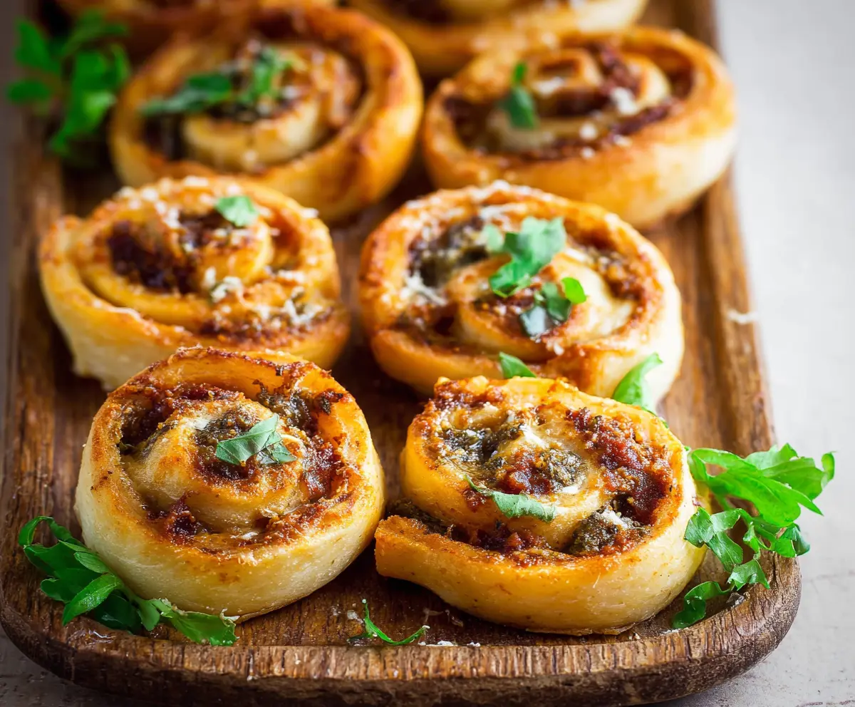 Delicious Sun-Dried Tomato Pesto Pinwheels on a wooden serving platter.
