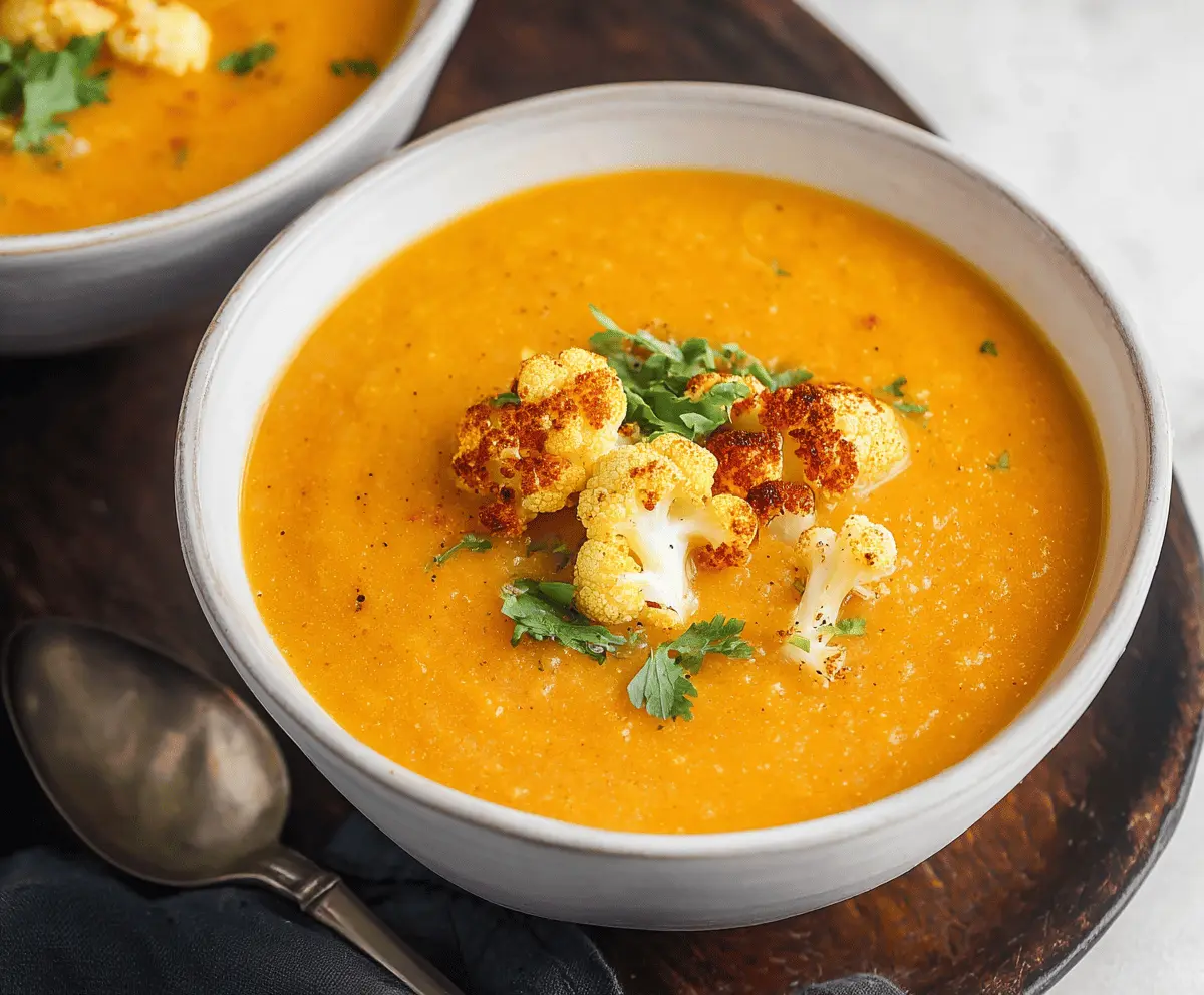 Creamy sweet potato and cauliflower soup served in a rustic bowl, garnished with fresh herbs.