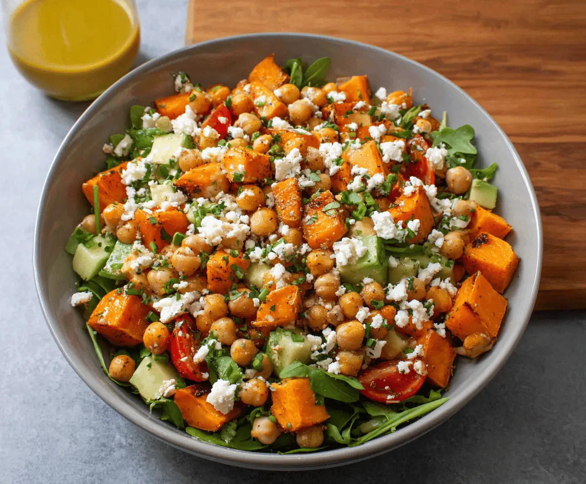 Colorful sweet potato and chickpea salad in a bowl with fresh greens and a tangy dressing