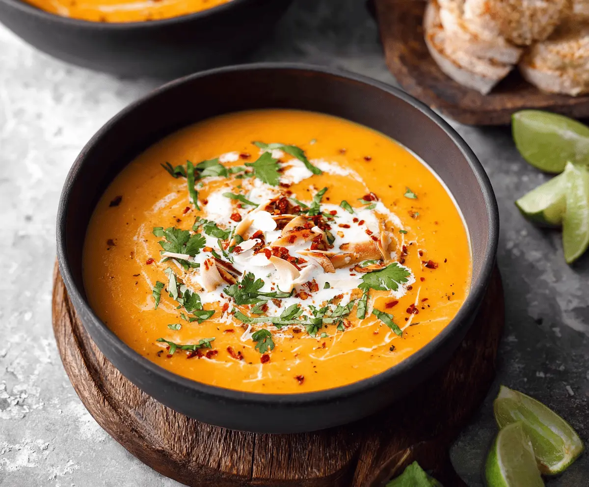 Creamy sweet potato soup with coconut milk in a bowl, garnished with herbs for a comforting vegan recipe.