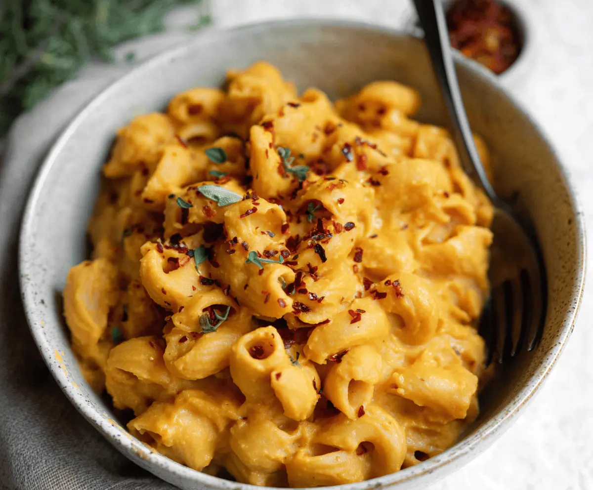 Creamy vegan sweet potato mac and cheese served in a rustic bowl, garnished with fresh herbs for a plant-based comfort food.